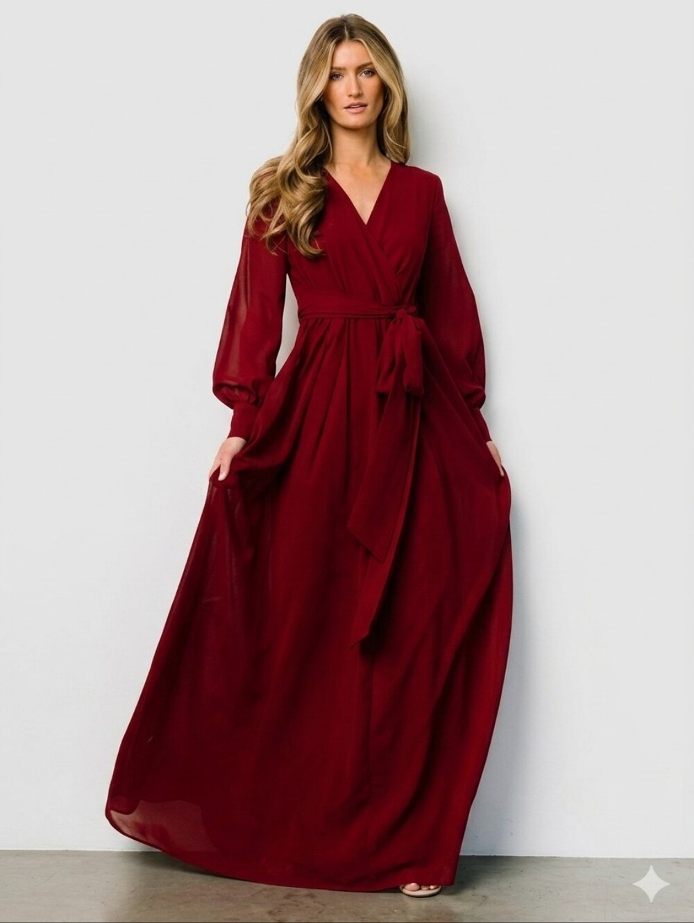 ​Baltic Born Lydia Burgundy Wrap Maxi Dress Long Sleeve Size Large Wedding Guest